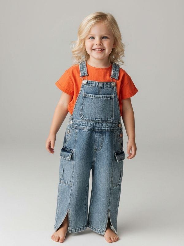 Kız Çocuk Yırtmaç Detaylı Kot Salopet