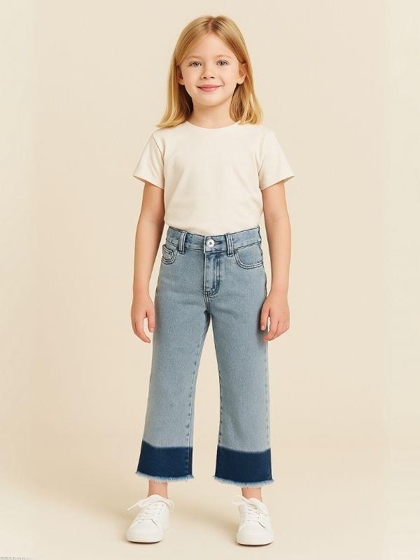 Kız Çocuk Yüksek Bel Bol Paça Püsküllü Kot Pantolon