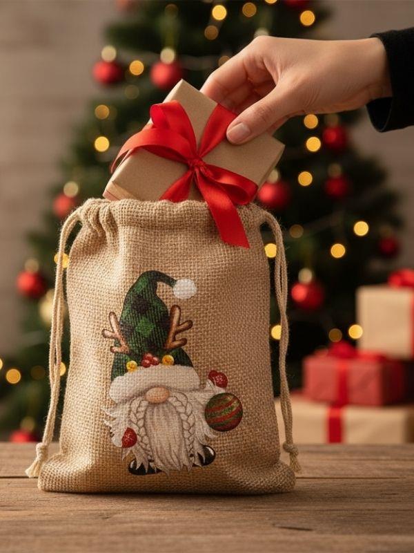 Sevimli Noel Baba Cüce Baskılı Hediyelik Jüt Kese(10x15 cm)