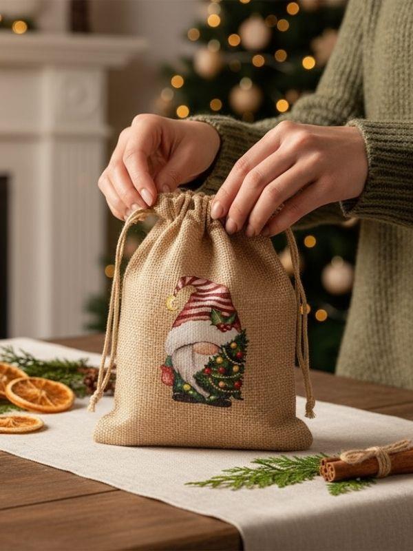 Sevimli Noel Baba Cüce Baskılı Hediyelik Jüt Kese(10x15 cm)