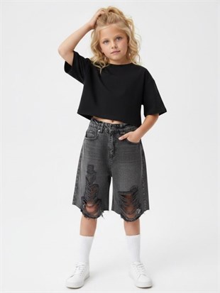 Kız Çocuk Yırtık Denim Bermuda Kot Şort