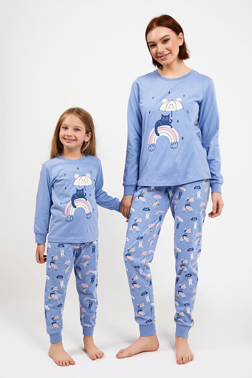 Kız Çocuk Pamuklu Uzun Kollu Kedili Pijama Takımı