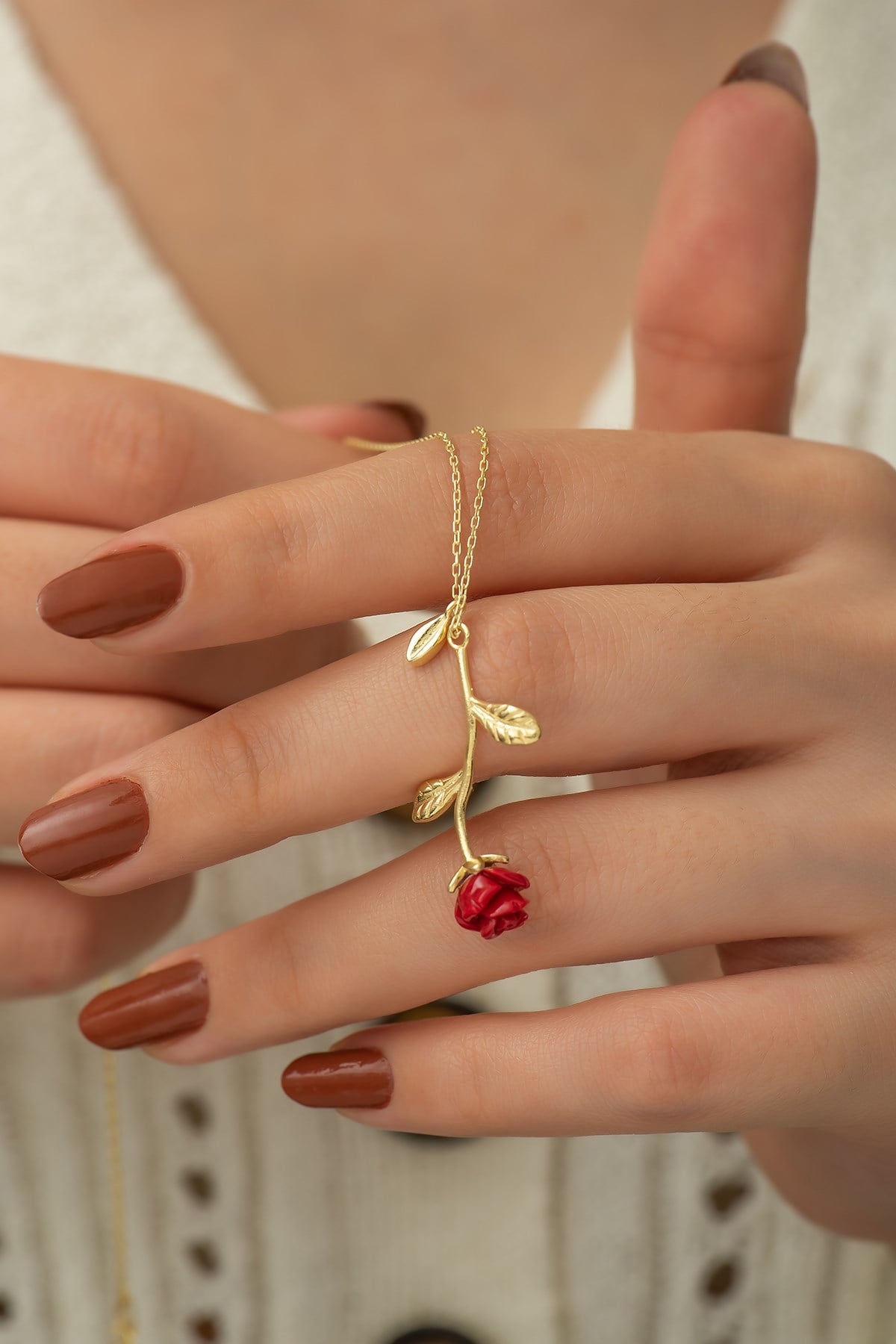 925 Ayar Gold Kırmızı Gül Kolye Kadın Gümüş Kolye 
