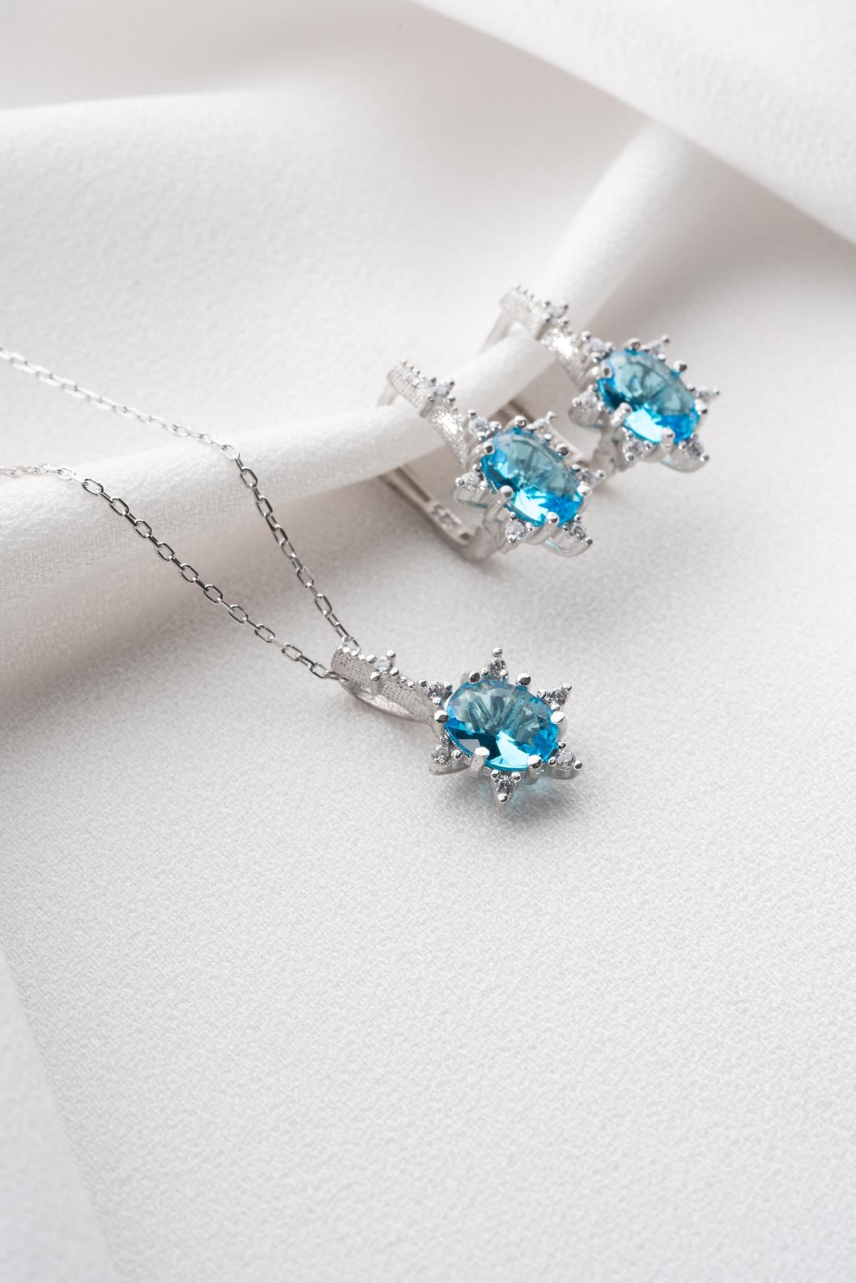 925 Ayar Gümüş Aquamarin Oval Taşlı Küpe Ve Kolye Set