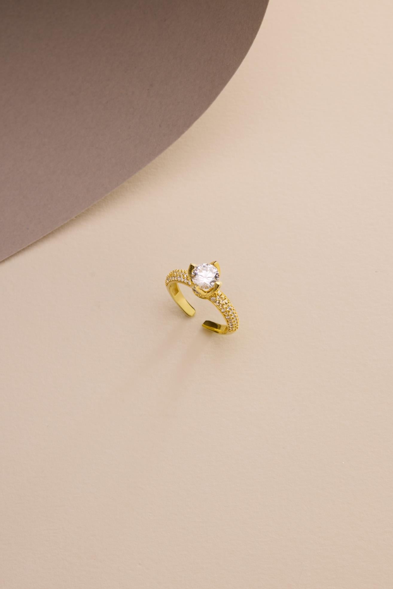 925 Ayar Gümüş Ayarlanabilir Gold Kaplama 3 Sıra Zirkon Taşlı 6 mm Tektaş Yüzük