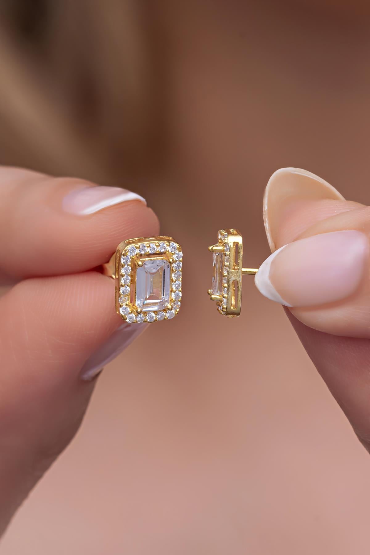 925 Ayar Gümüş Gold Baget Tektaş Model Küpe