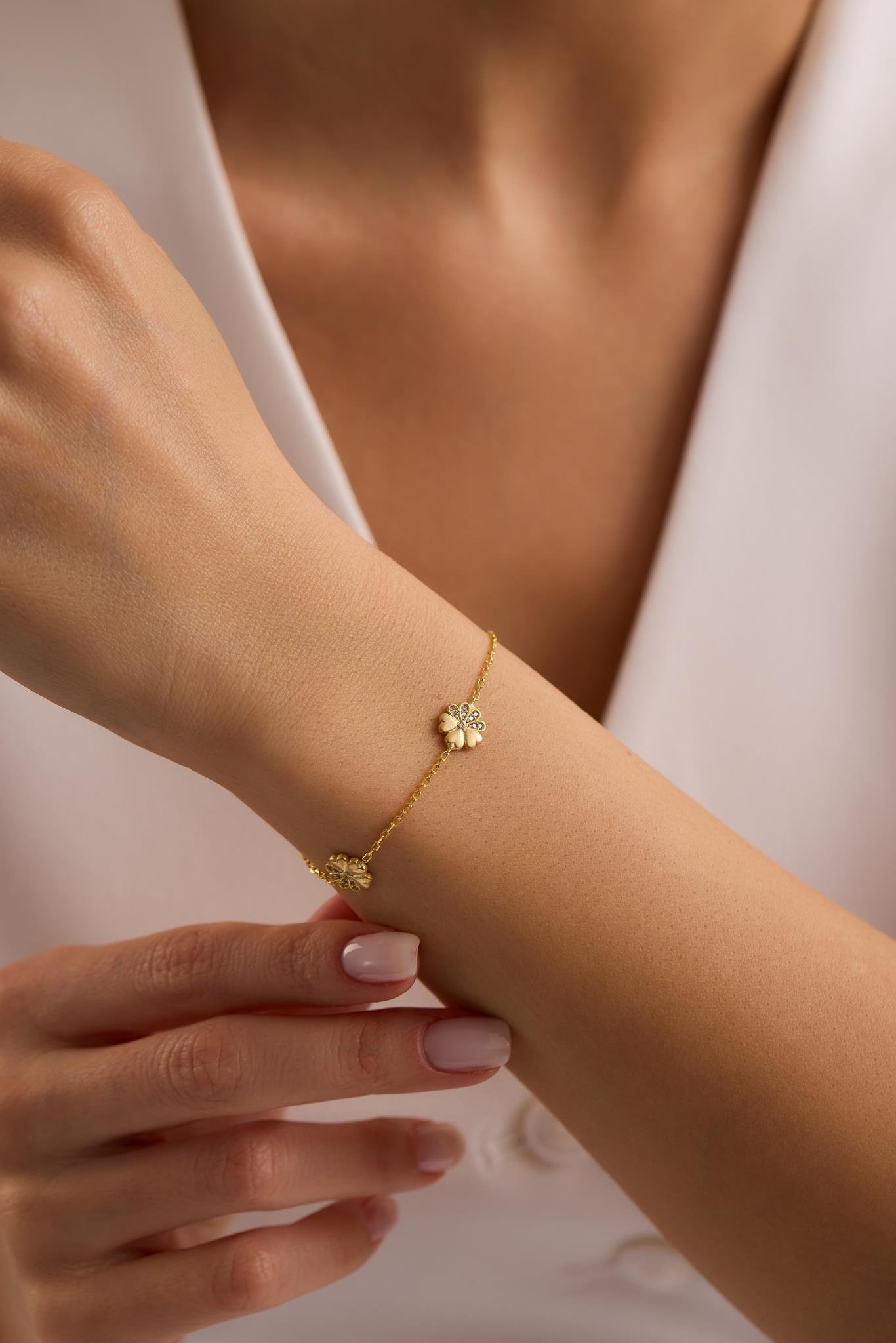 925 Ayar Gümüş Gold Kaplama 3'Lü Minimal Kırçiçeği Bileklik