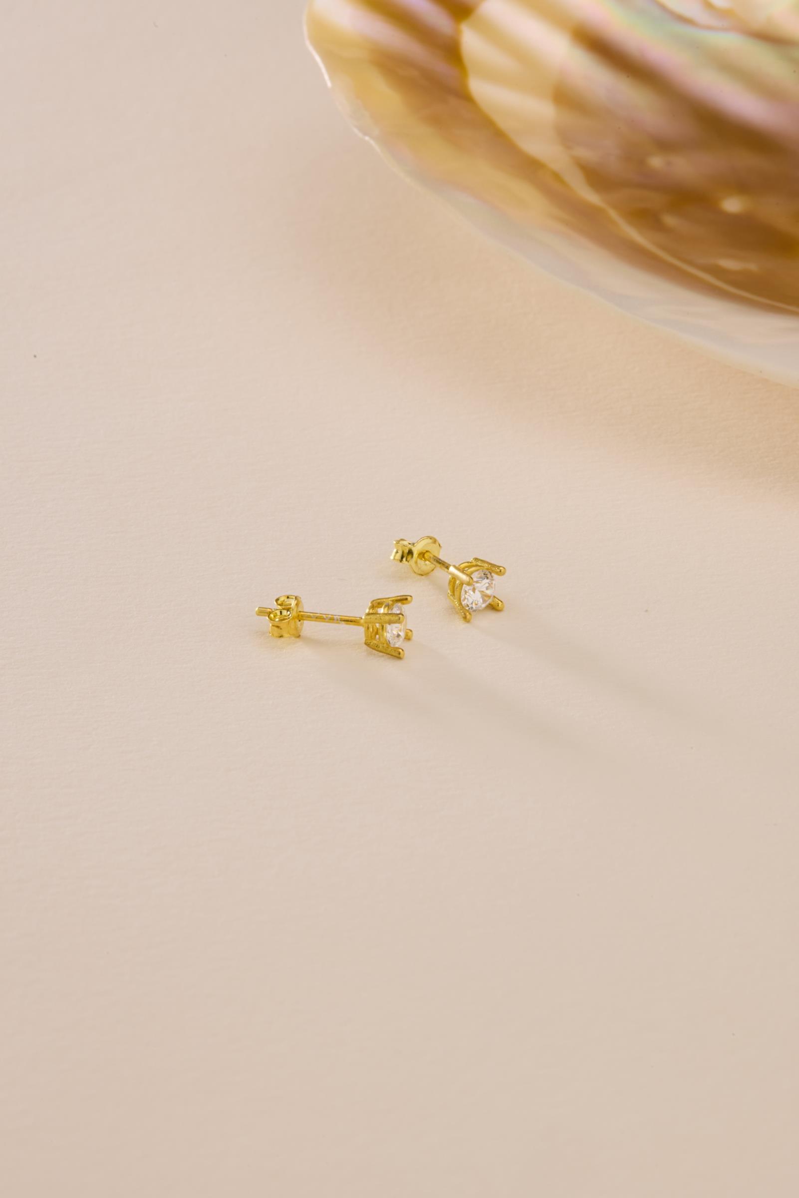 925 Ayar Gümüş Gold Kaplama 4 mm Pırlanta Montür Tektaş Küpe