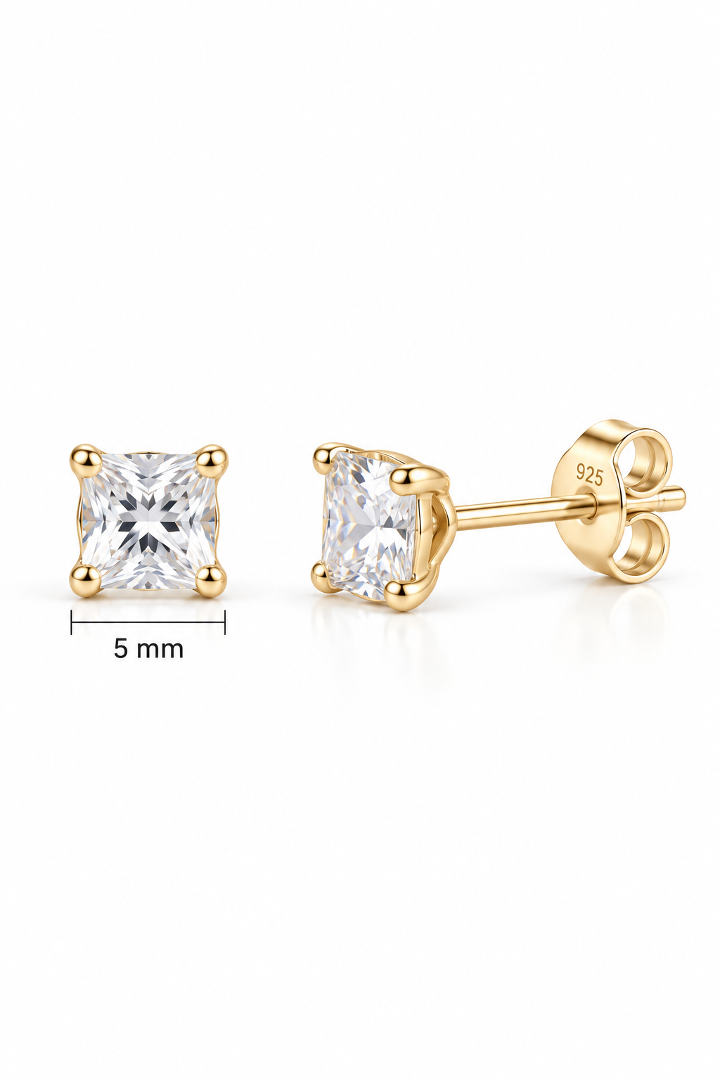 925 Ayar Gümüş Gold Kaplama 5 mm Kare Star Kesim Minimal Tektaş Küpe