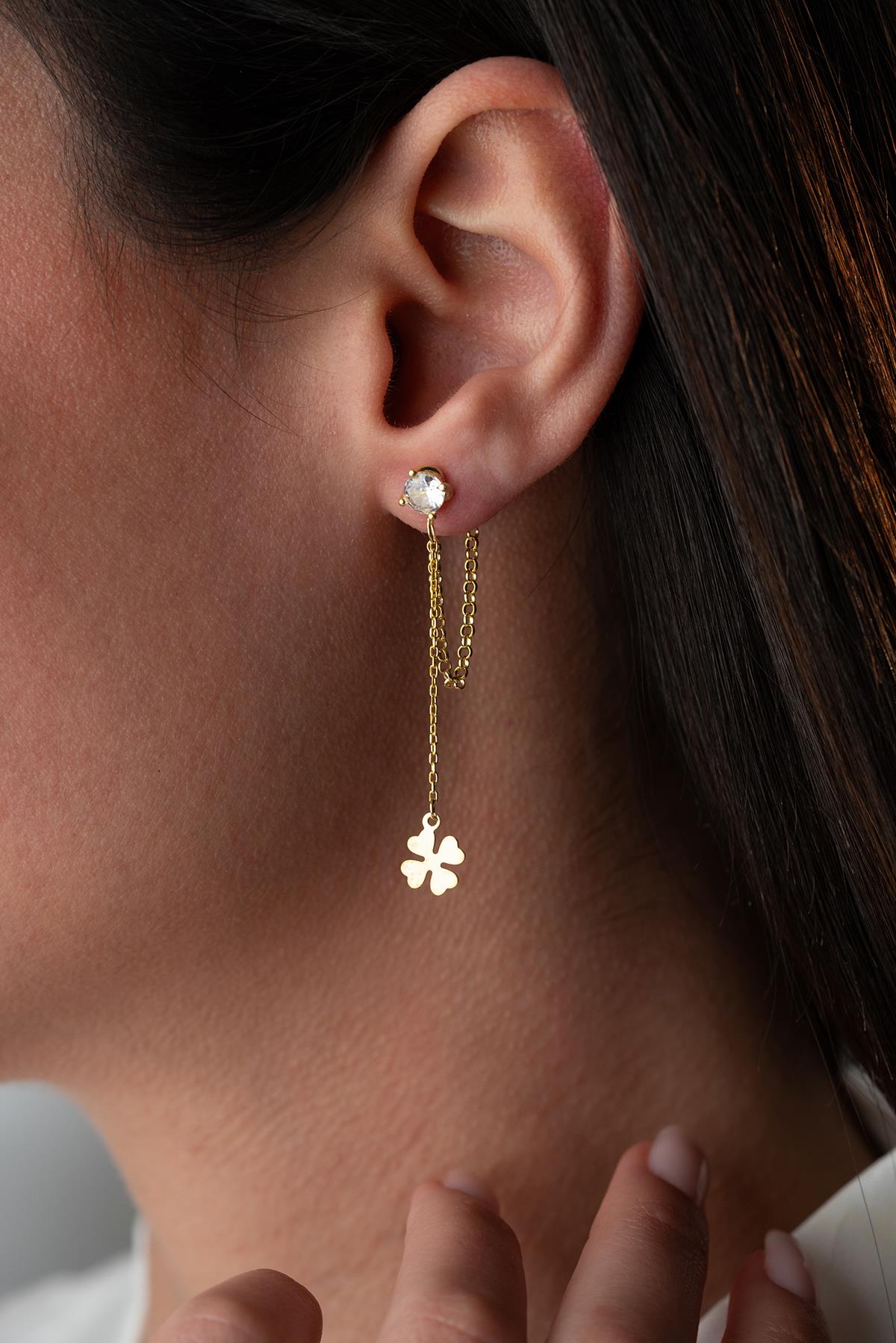 925 Ayar Gümüş Gold Kaplama 5 Mm Tektaş Sallantılı Zincir Dört Yapraklı Yonca Küpe