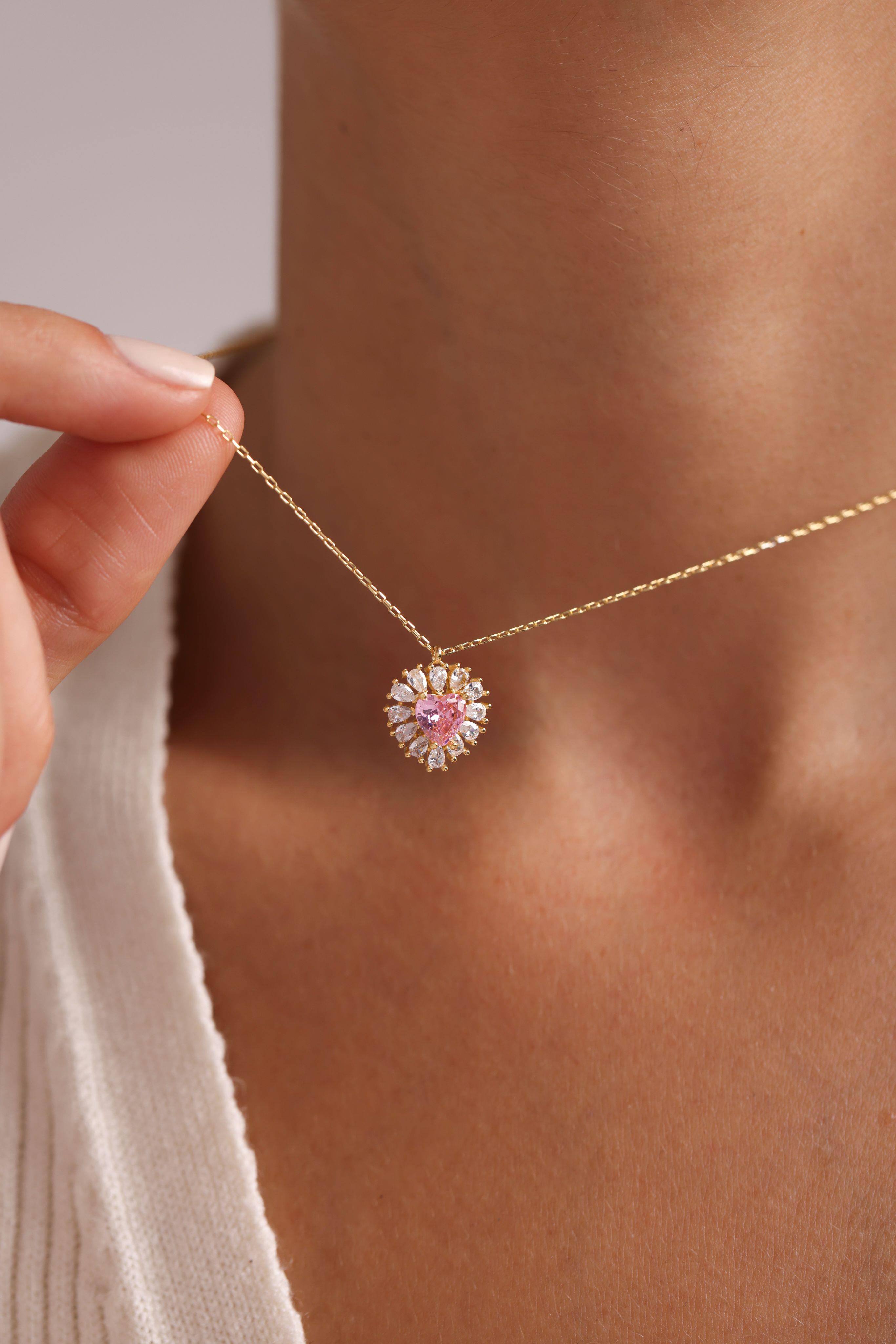 925 Ayar Gümüş Gold Kaplama Baget Taşlı Pembe Kalp Kolye