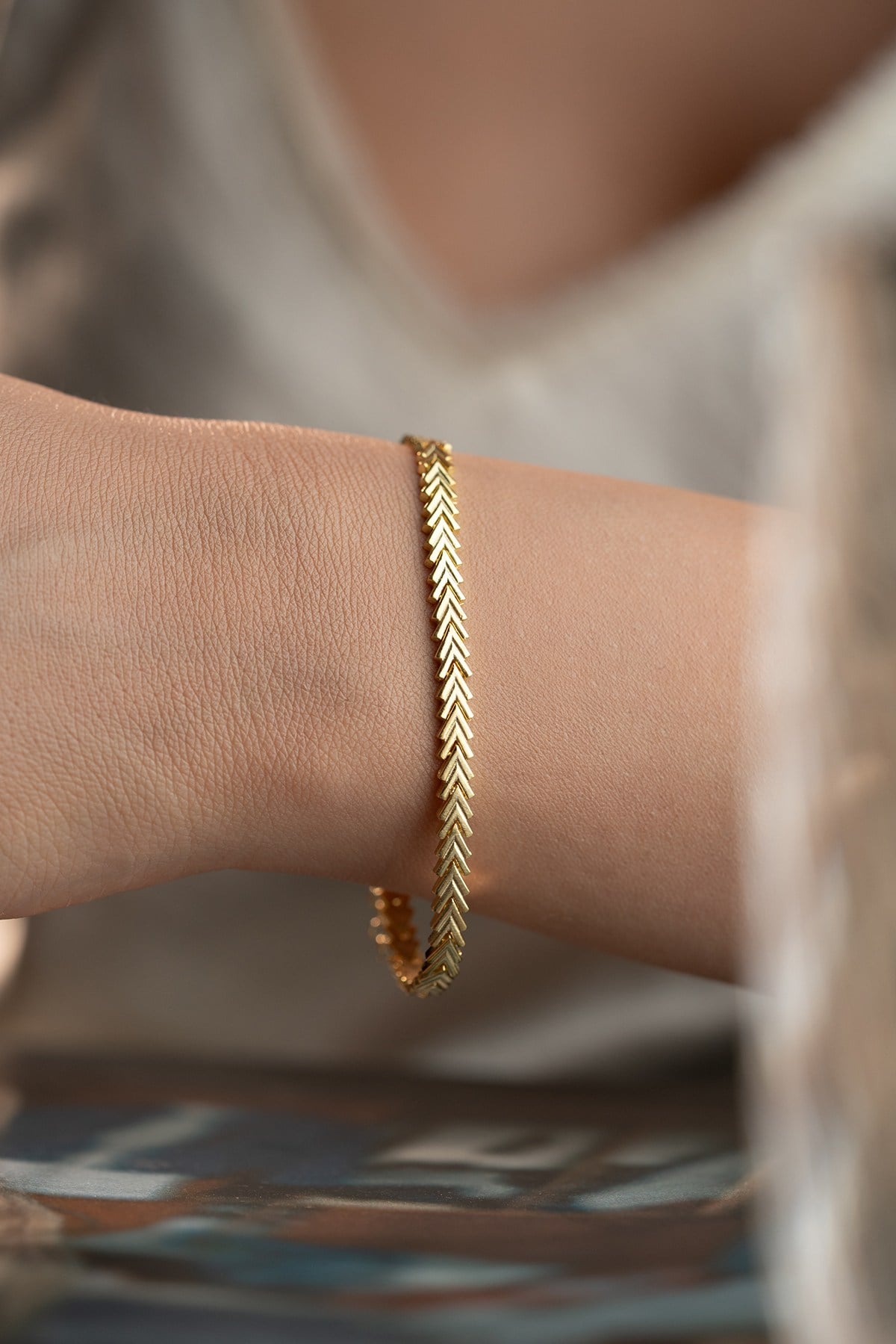 925 Ayar Gümüş Gold Kaplama Balık Sırtı Model Bileklik