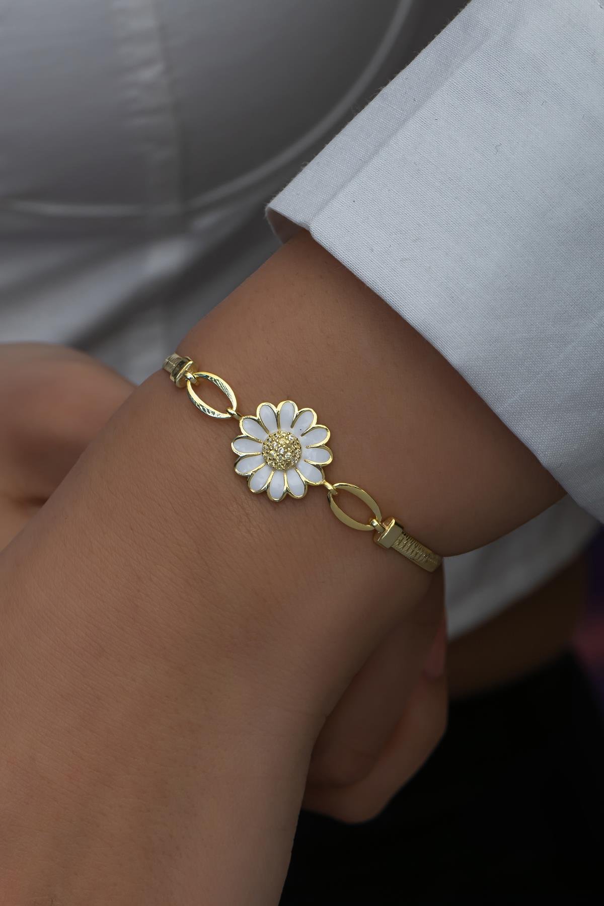 925 Ayar Gümüş Gold Kaplama Balık Sırtı Model Papatya Bileklik