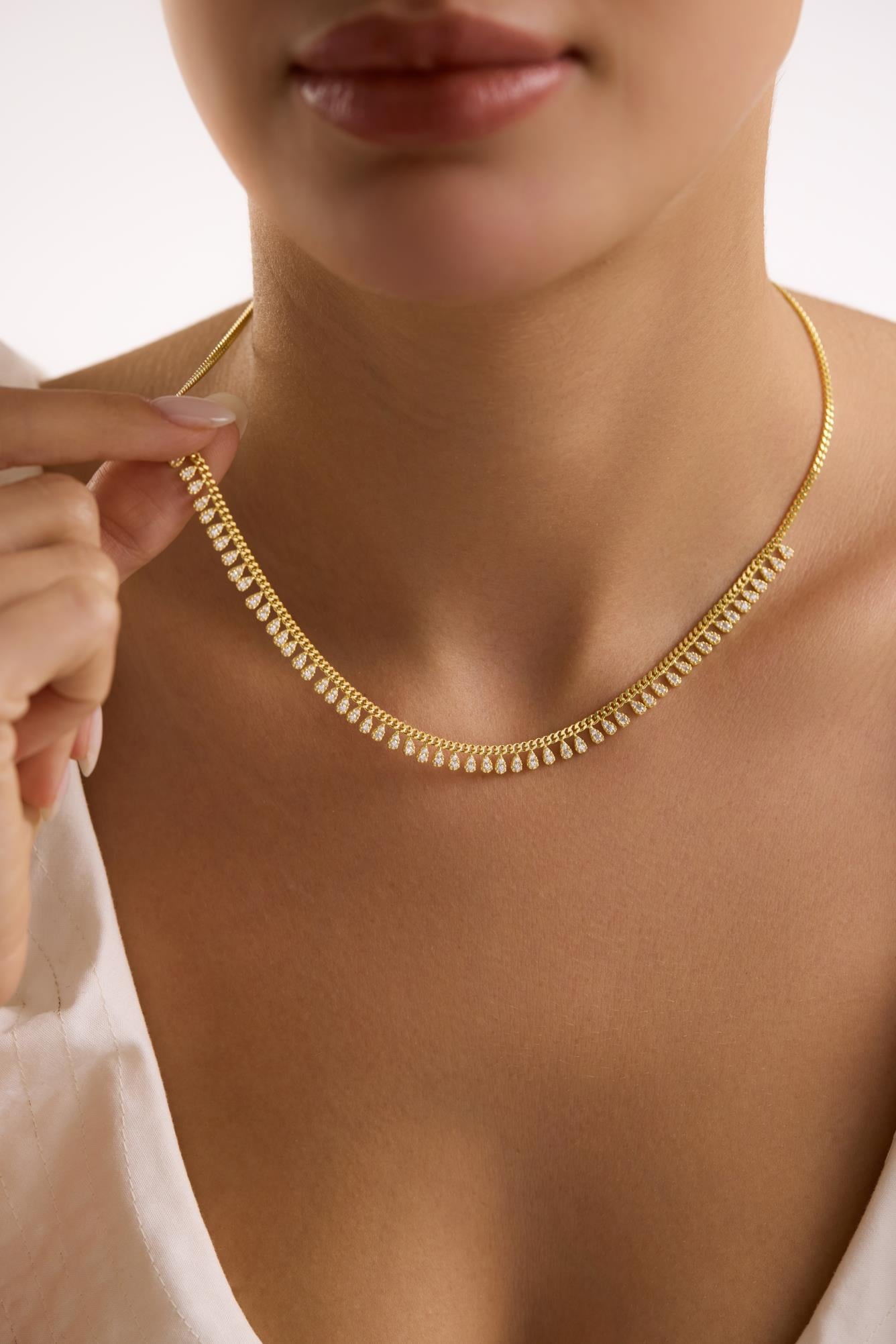 925 Ayar Gümüş Gold Kaplama Gurmet Zincirli Minimal Damla Kolye