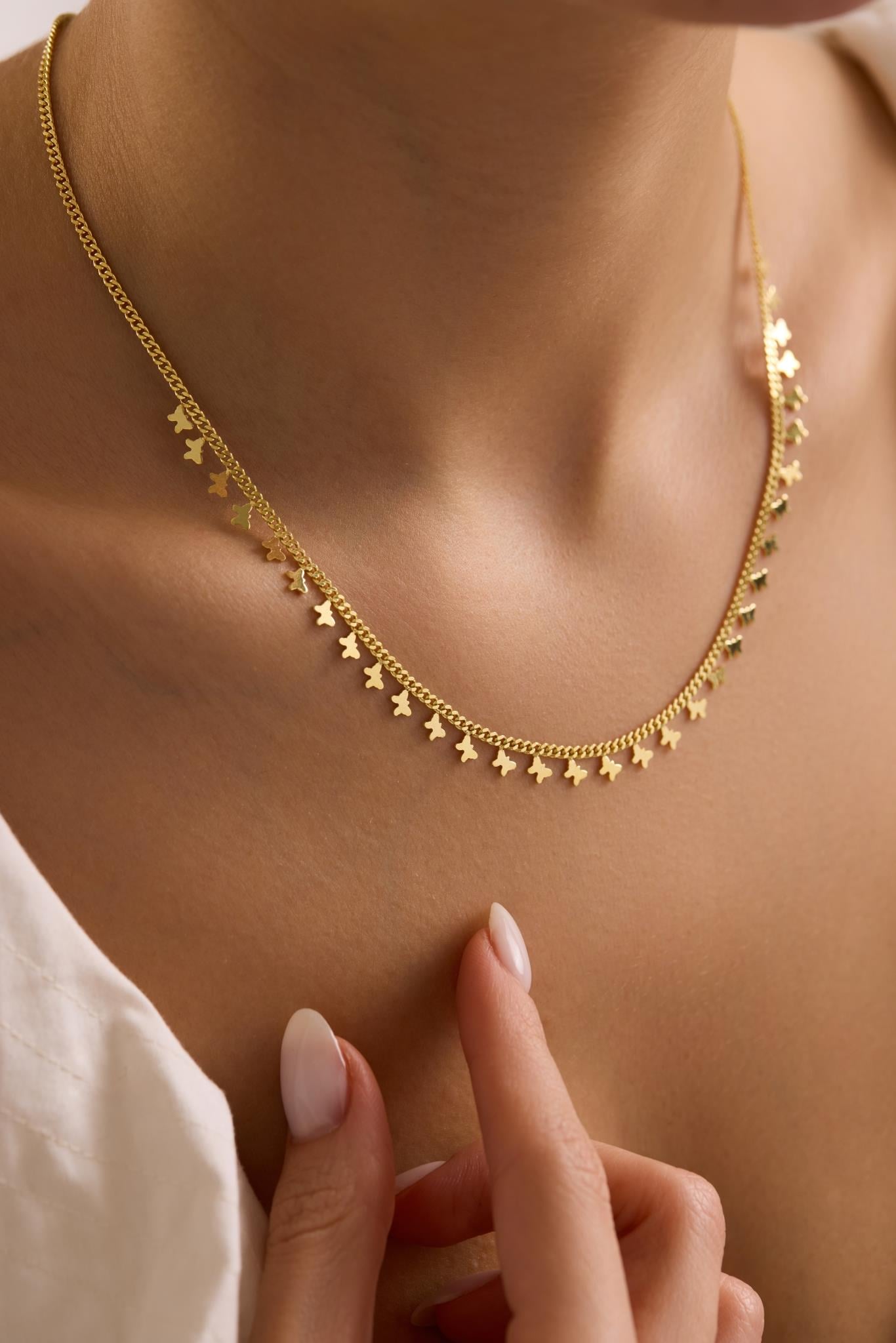 925 Ayar Gümüş Gold Kaplama Gurmet Zircirli Minimal Kelebek Model Kolye