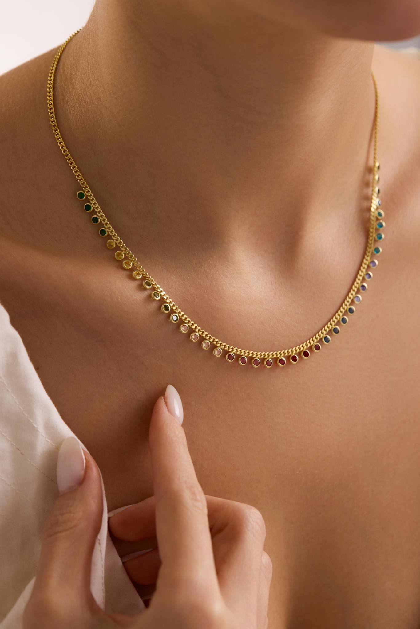 925 Ayar Gümüş Gold Kaplama Gurmet Zircirli 3 mm Renkli Zirkon Taşlı Kolye