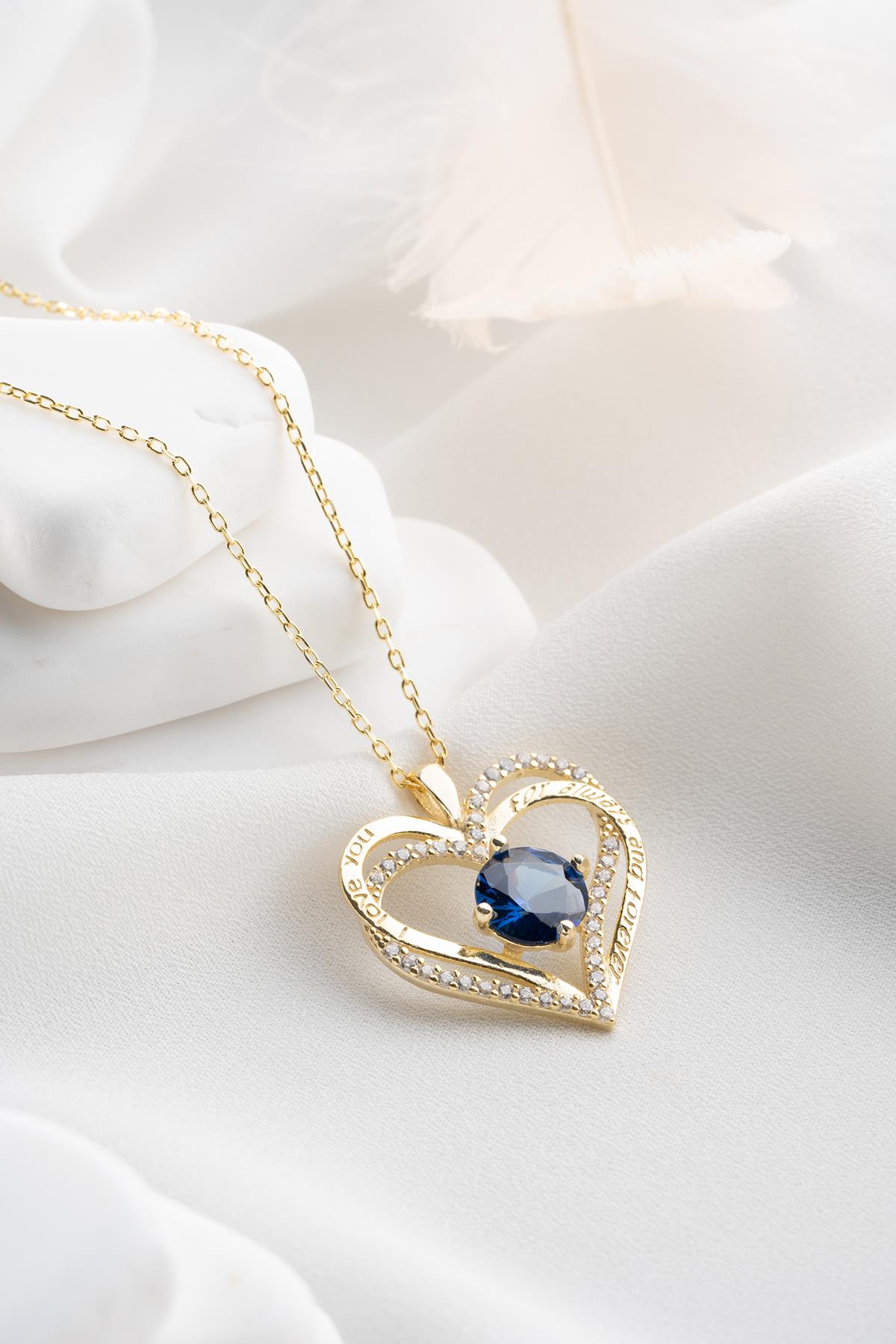 925 Ayar Gümüş Gold Kaplama Mavi Zirkon Taşlı Çift Kalpli Kolye