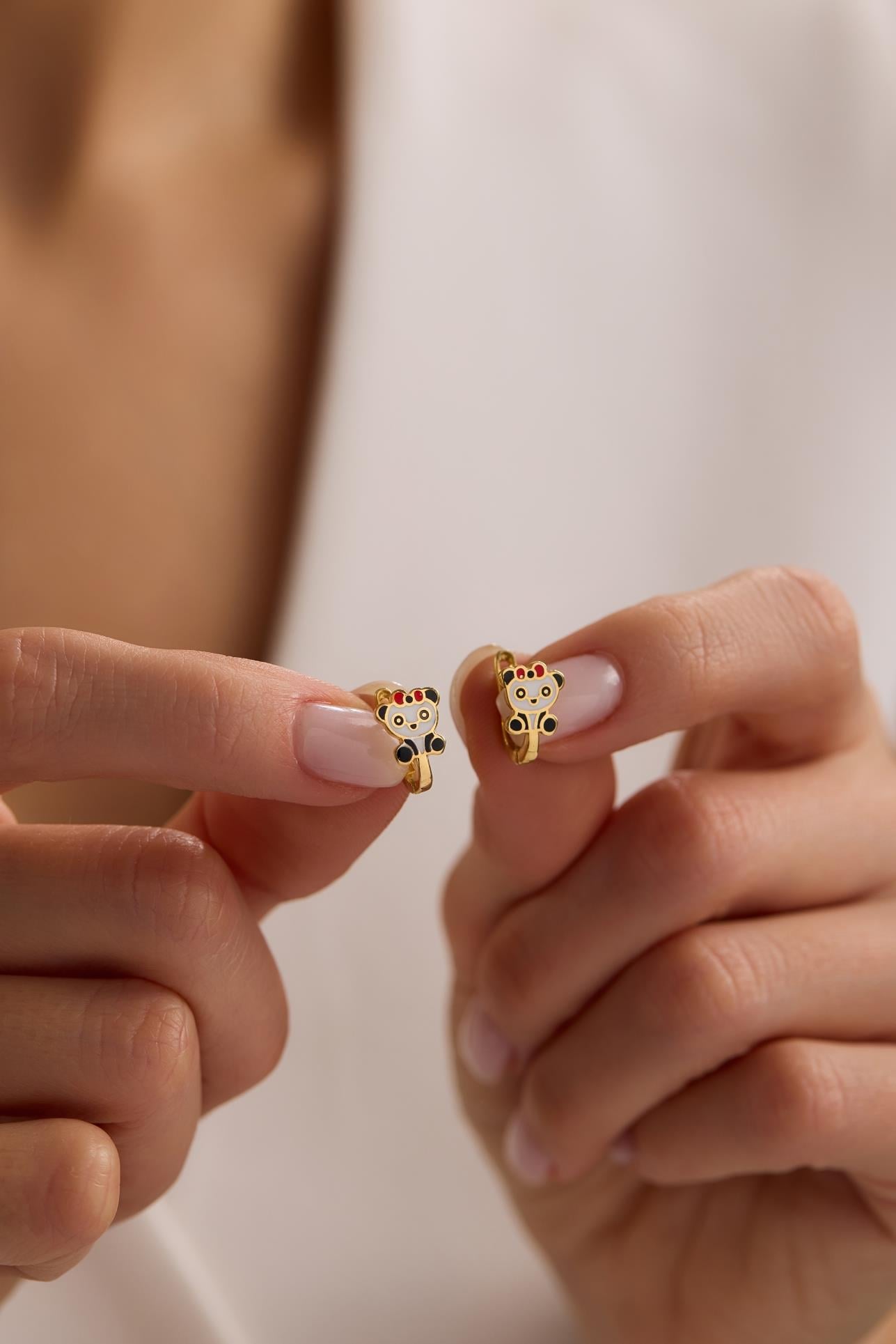 925 Ayar Gümüş Gold Kaplama Minik Panda Model Çocuk Küpe