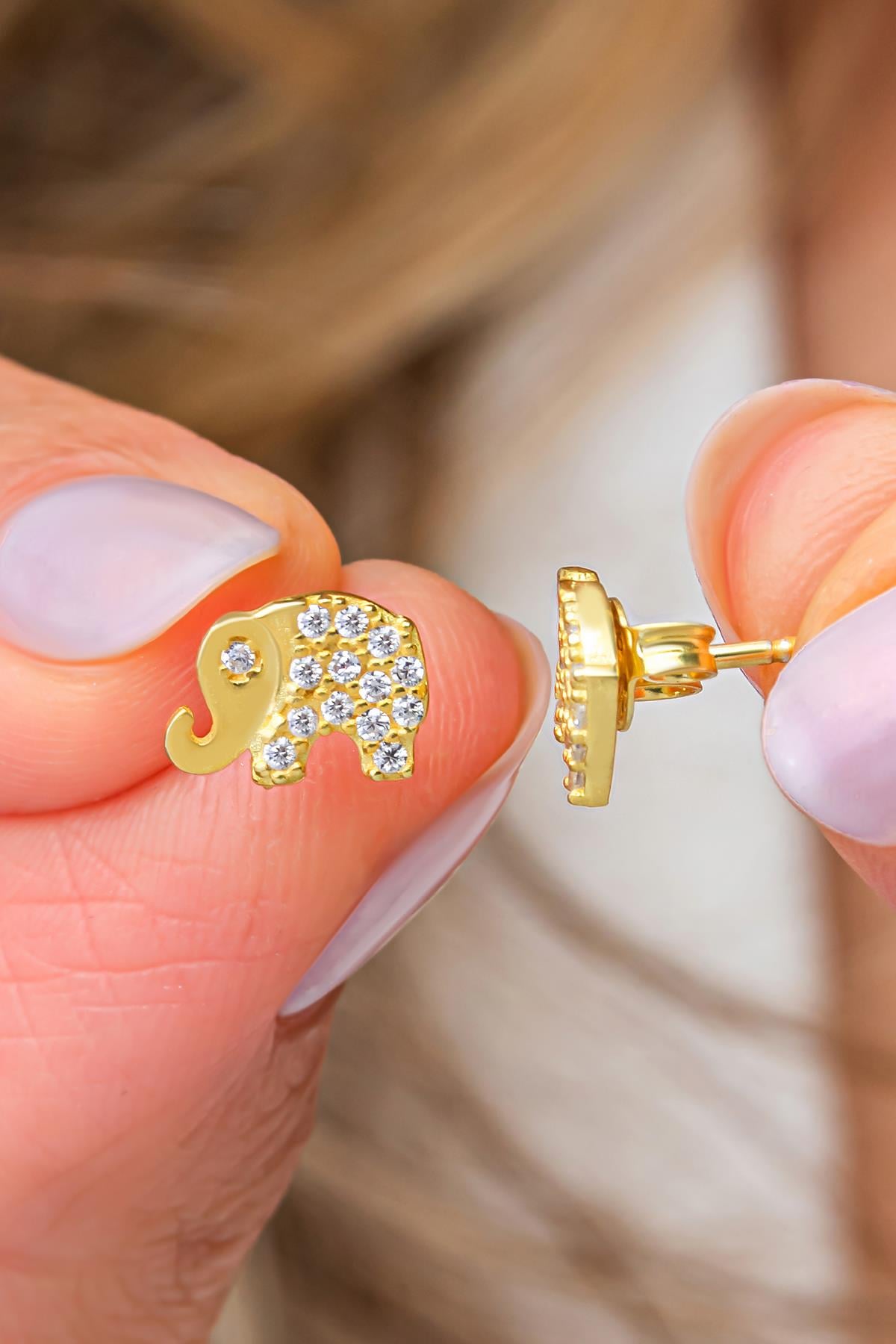 925 Ayar Gümüş Gold Kaplama Minimal Fil Küpe