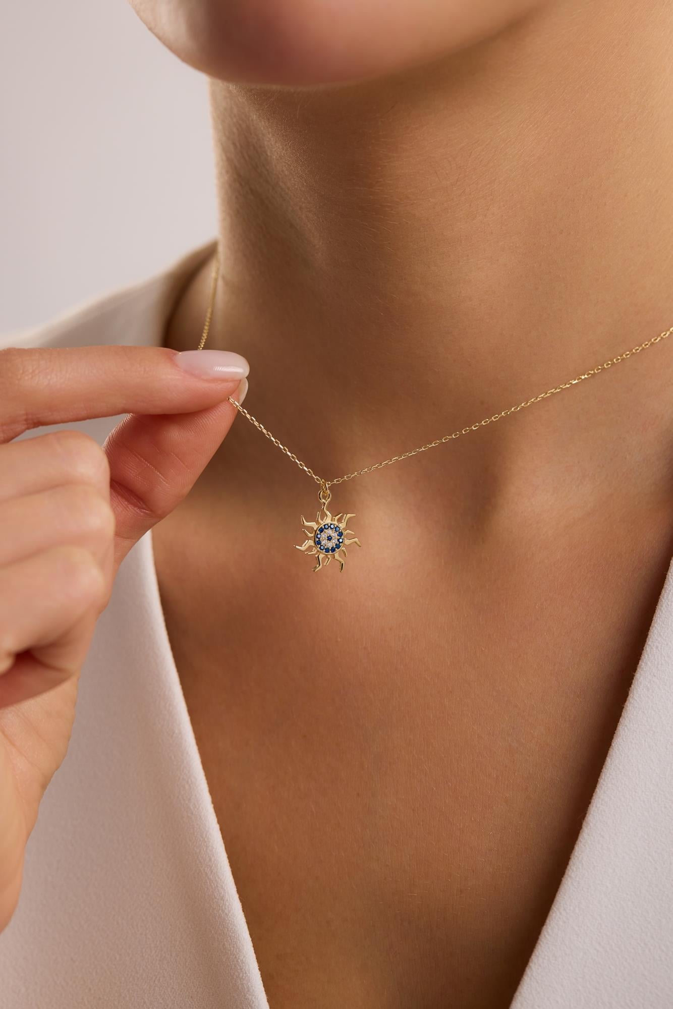925 Ayar Gümüş Gold Kaplama Minimal Nazar Güneş Kolye