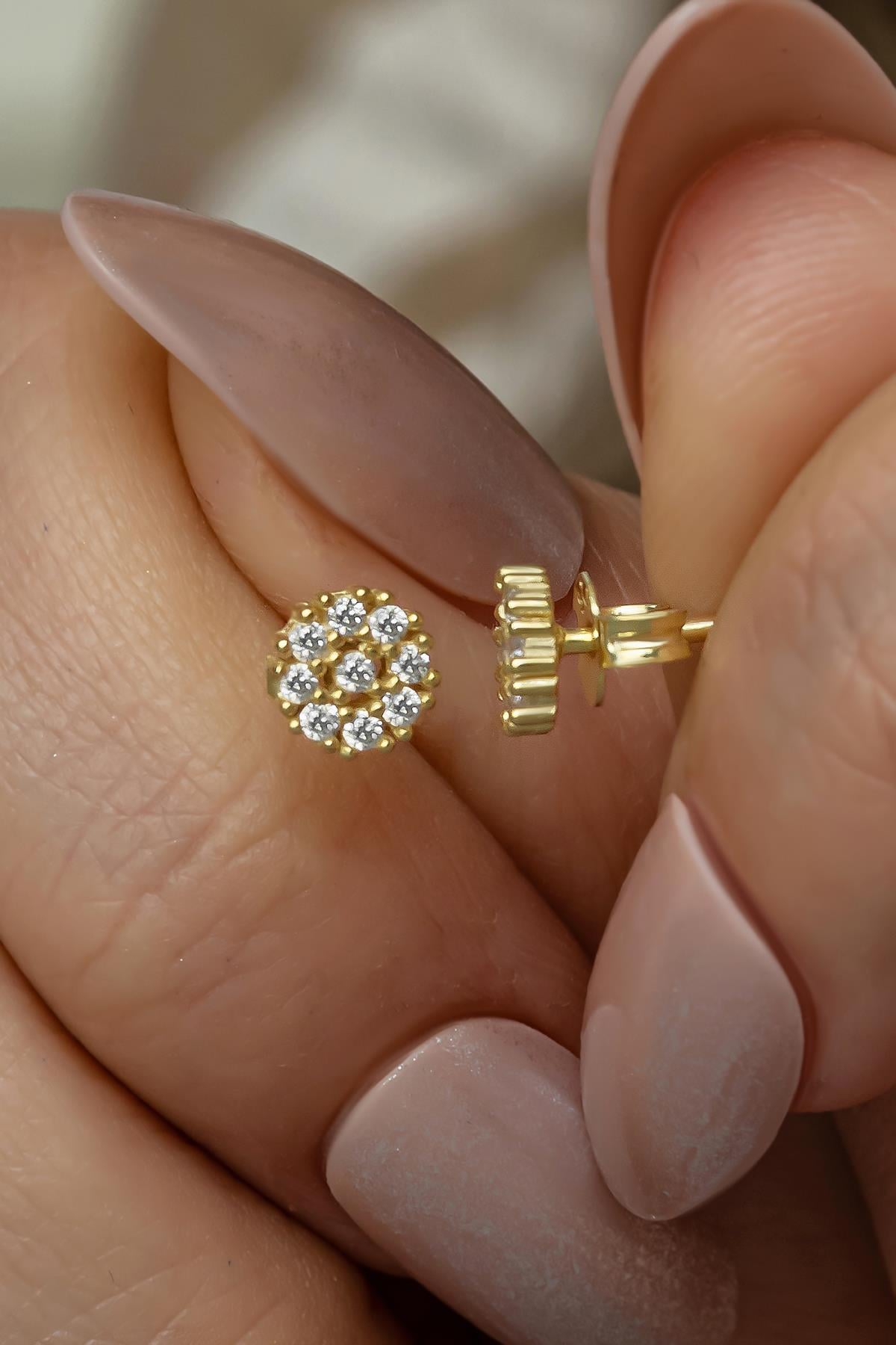 925 Ayar Gümüş Gold Kaplama Minimal Zirkon Taşlı Yuvarlak Küpe