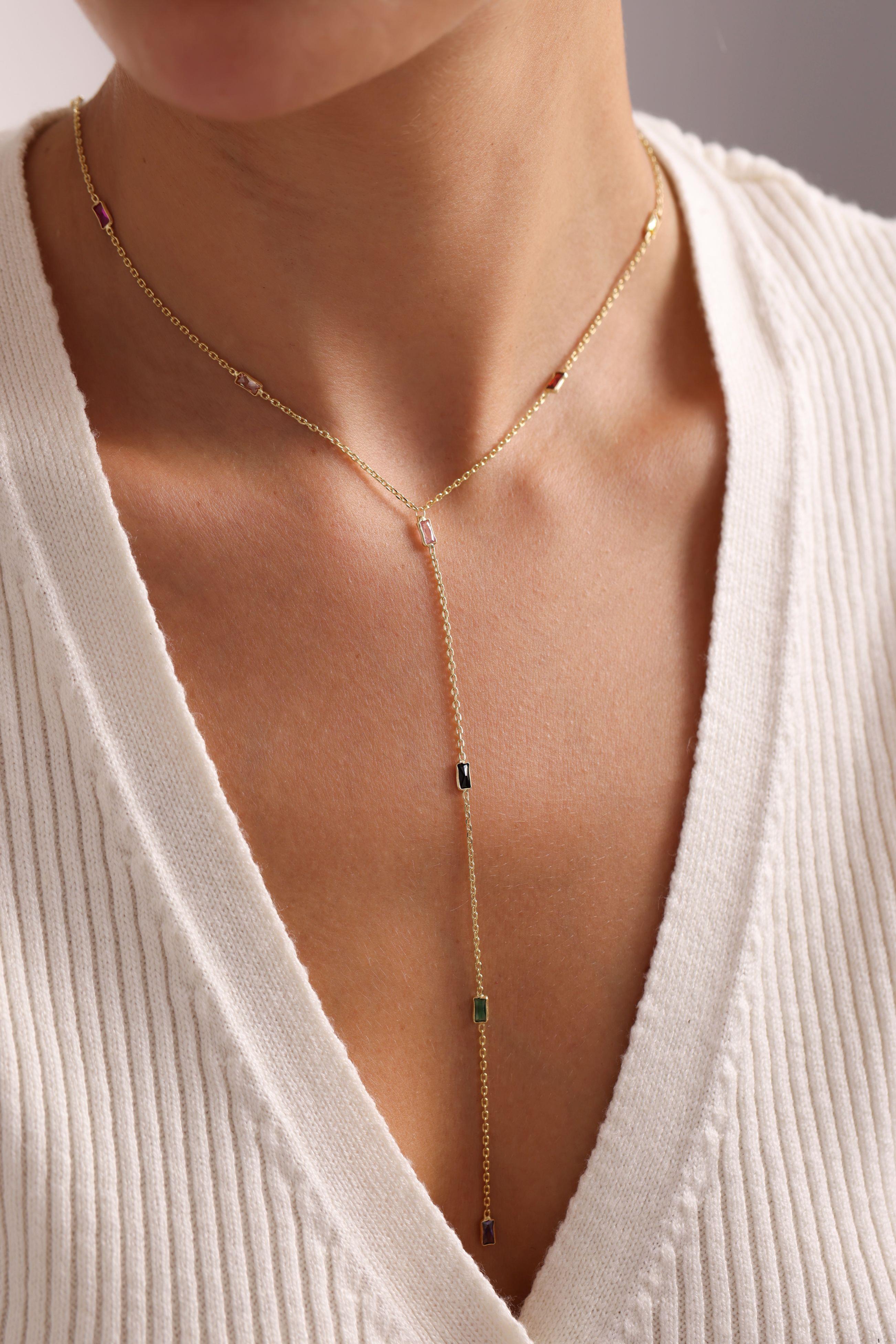 925 Ayar Gümüş Gold Kaplama Mix  Baget Taşlı Sarkıt Zincirli  Kolye