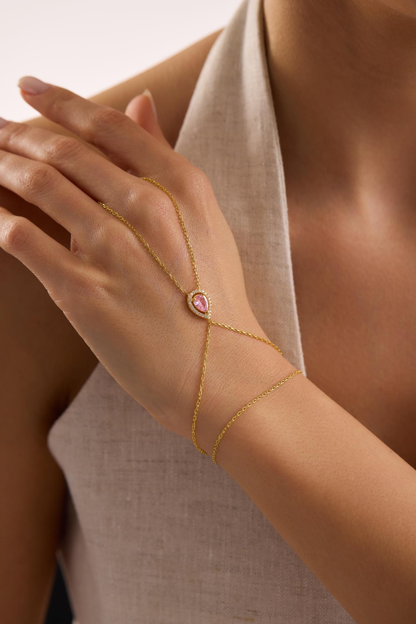 925 Ayar Gümüş Gold Kaplama Pembe Damla Taşlı Şahmeran Bileklik 