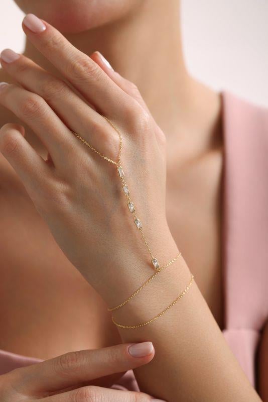 925 Ayar Gümüş Gold Kaplama sıralı Baget Taşlı Şahmeran Bileklik 