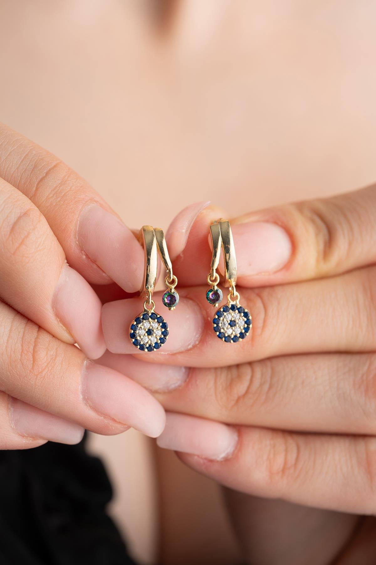 925 Ayar Gümüş Gold Mistik Topaz Taşlı 12 mm Nazar Küpe