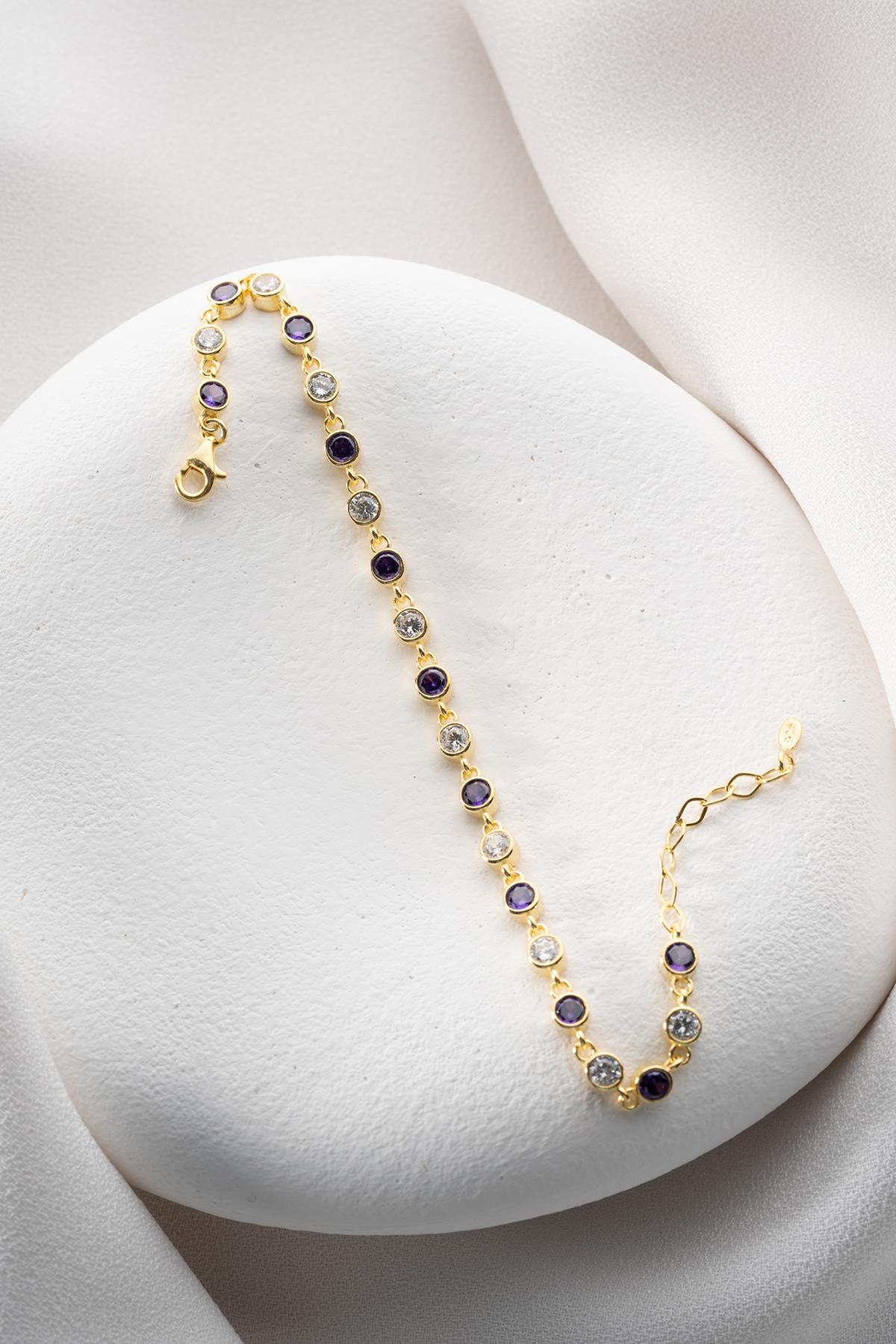 925 Ayar Gümüş Gold Mor Taşlı Yuvarlak Tasarım Bileklik