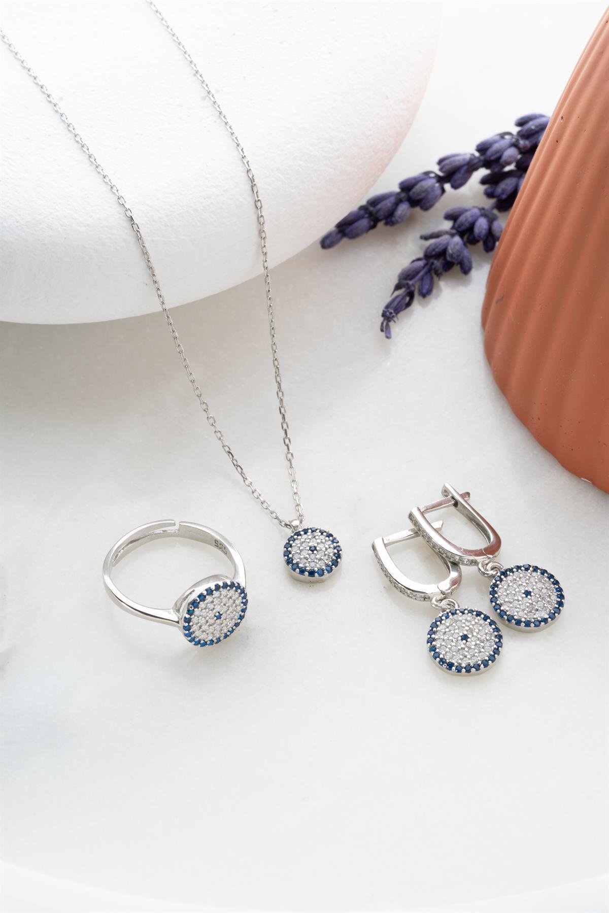 925 Ayar Gümüş Minik Nazar Model Küpe Yüzük Ve Kolye Set