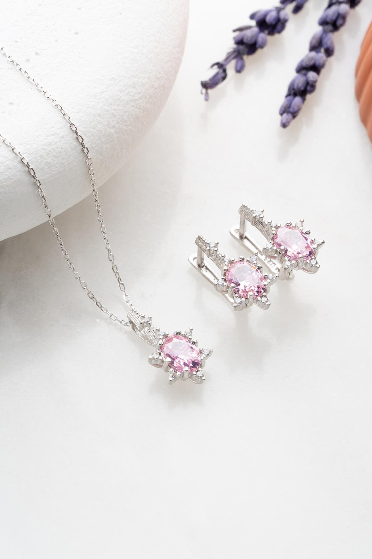 925 Ayar Gümüş Pembe Oval Taşlı Küpe Ve Kolye Set