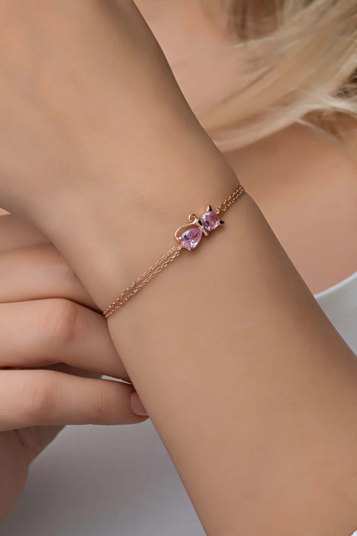 925 Ayar Gümüş Pembe Taşlı Kedi Bileklik
