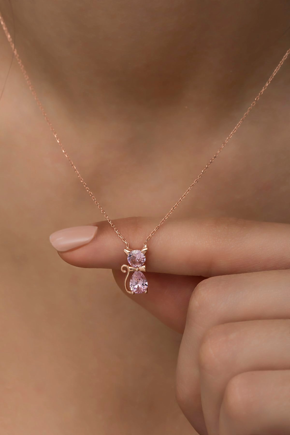 925 Ayar Gümüş Pembe Taşlı Kedi Kolye