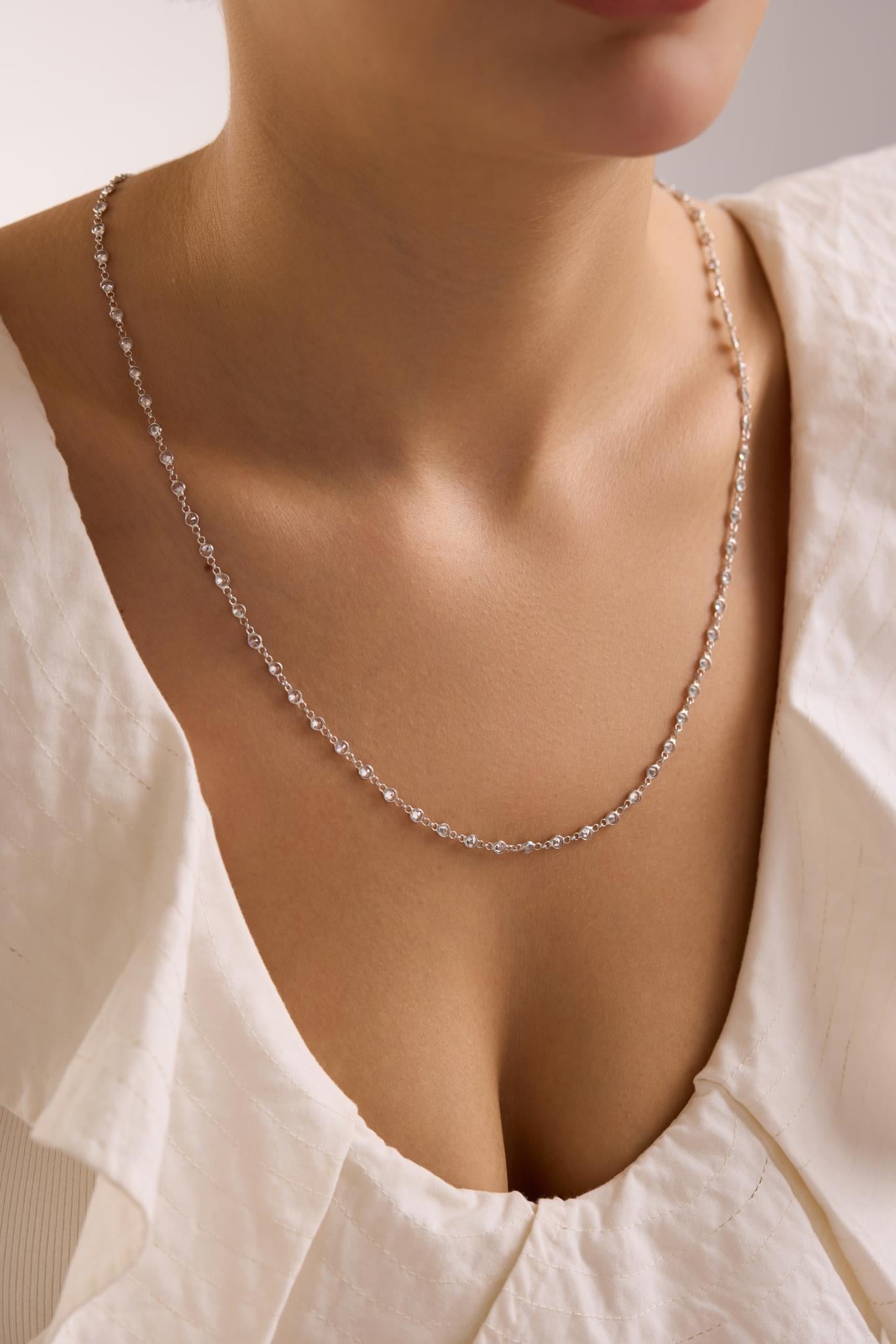 925 Ayar Gümüş Rodyum Kaplama 85 Cm Uzunluk Beyaz 3 mm Zirkon Taşlı Kolye