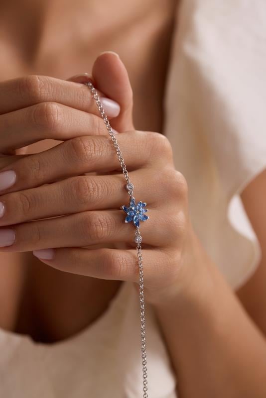 925 Ayar Gümüş Rodyum Kaplama Doç Zincirli Aquamarin Taşlı Lotus Çiçeği Bileklik