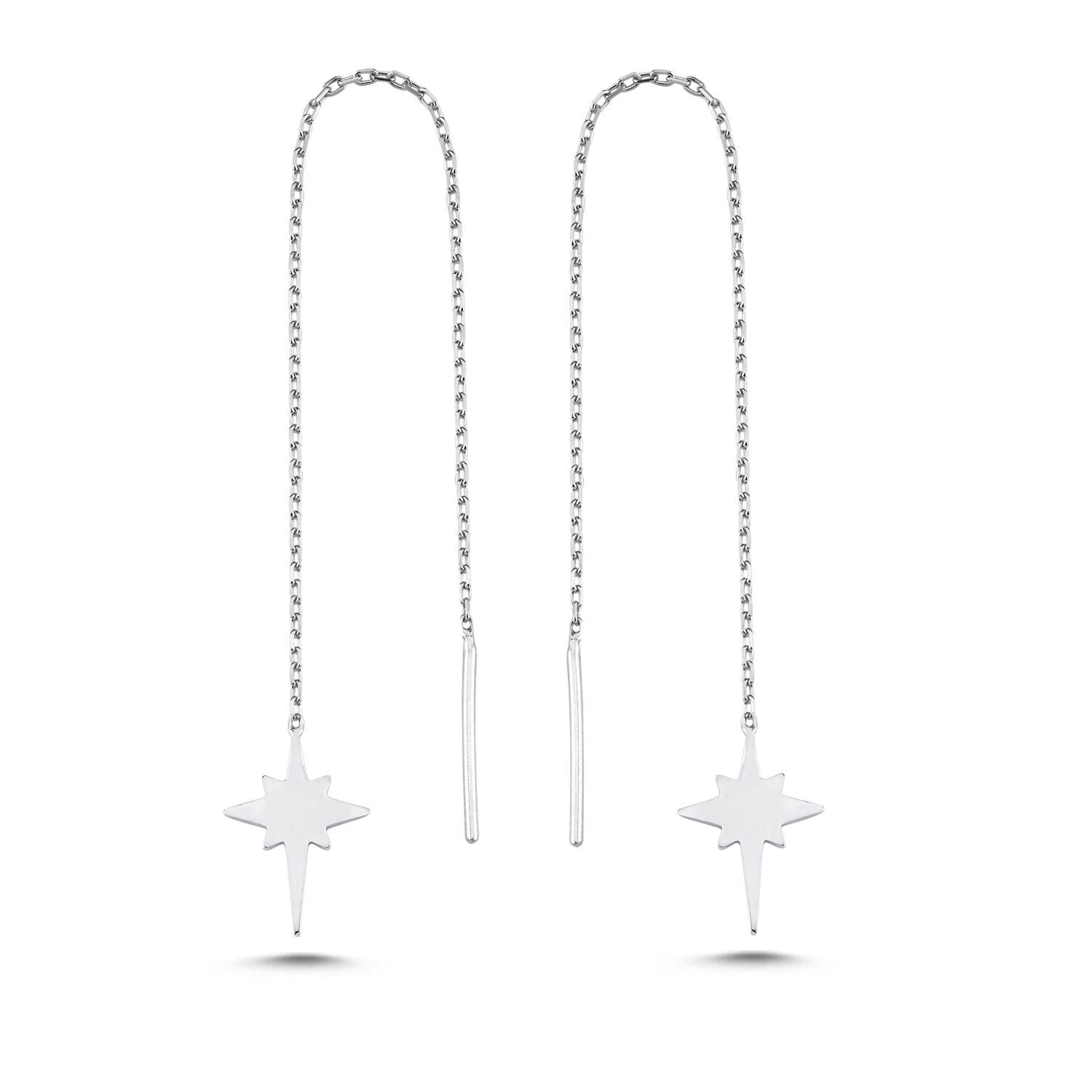 925 Ayar Gümüş Rodyum Kaplama Kutup Yıldızı Zincir Küpe