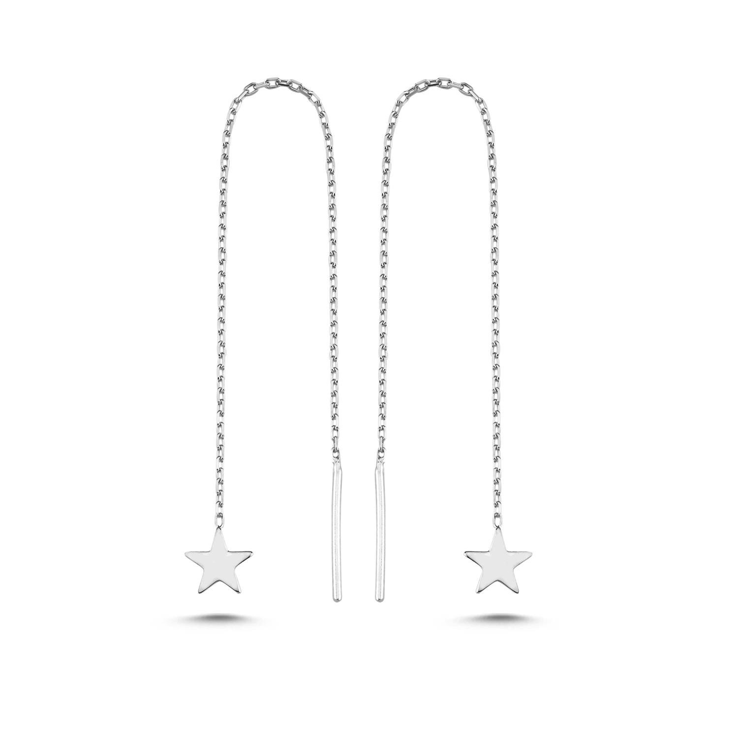 925 Ayar Gümüş Rodyum Kaplama Minik Yıldız Zincir Küpe