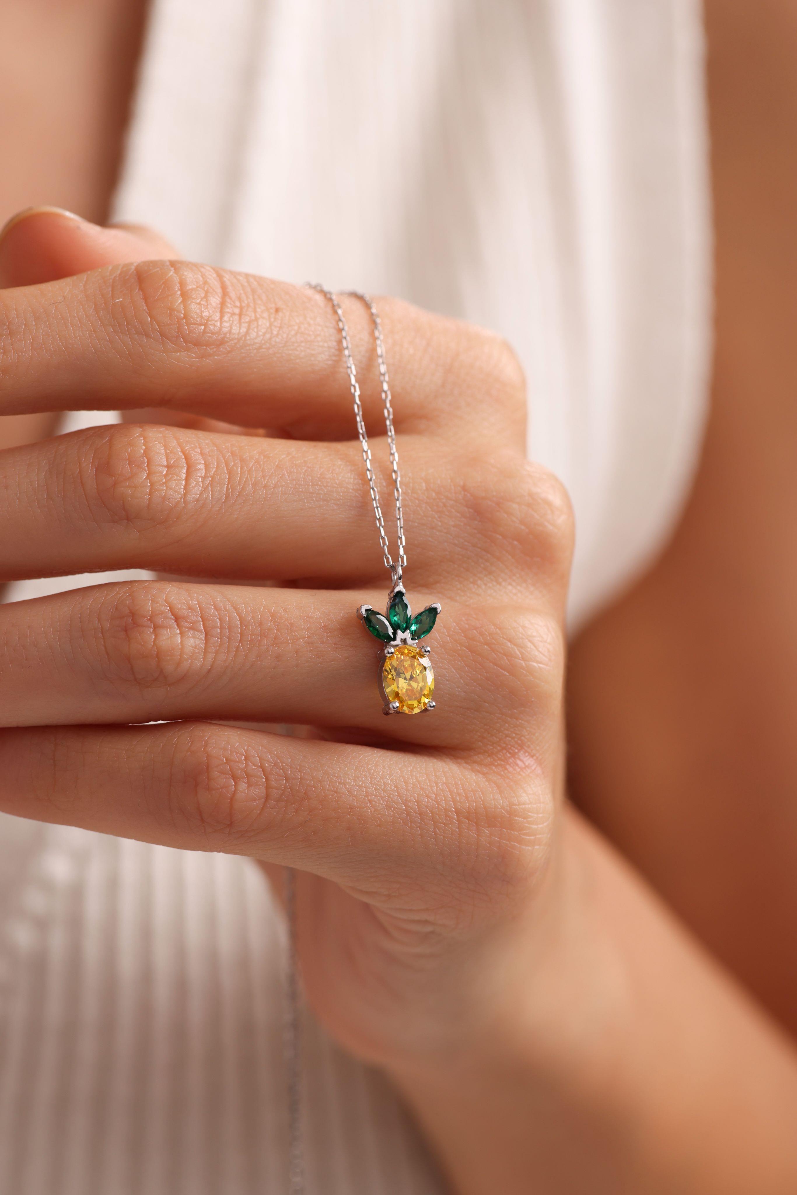 925 Ayar Gümüş Rodyum Kaplama Sitrin Taşlı Ananas Kolye