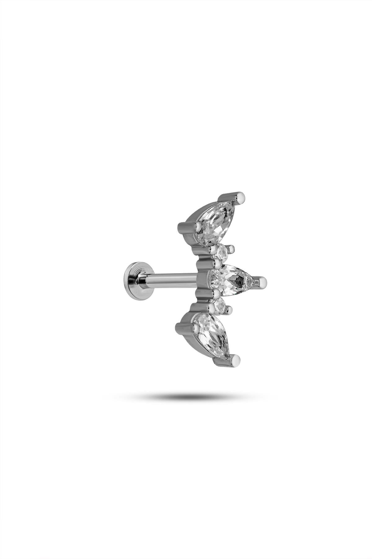 925 Ayar Gümüş Rodyumlu Minimal 3'Lü Damla Taşlı Tragus Piercing Küpe