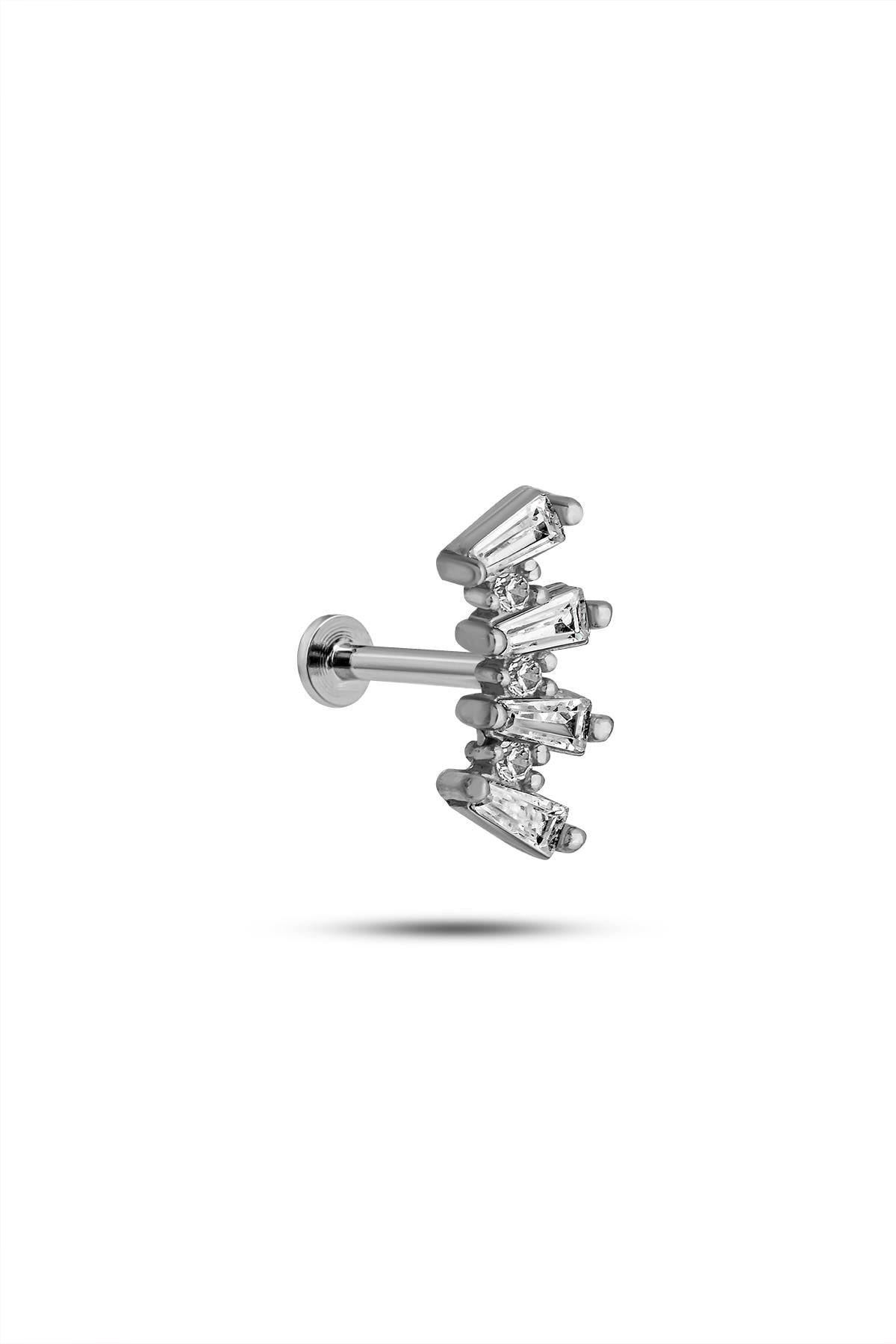 925 Ayar Gümüş Rodyumlu Minimal 4 Baget Taşlı Tragus Piercing Küpe
