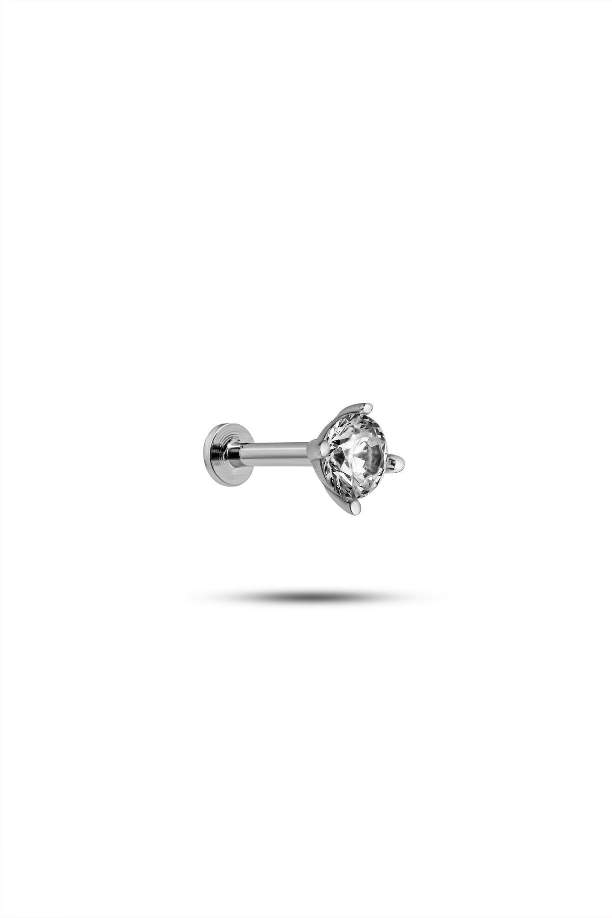 925 Ayar Gümüş Rodyumlu Minimal 4 mm Tek Taş Tragus Piercing Küpe