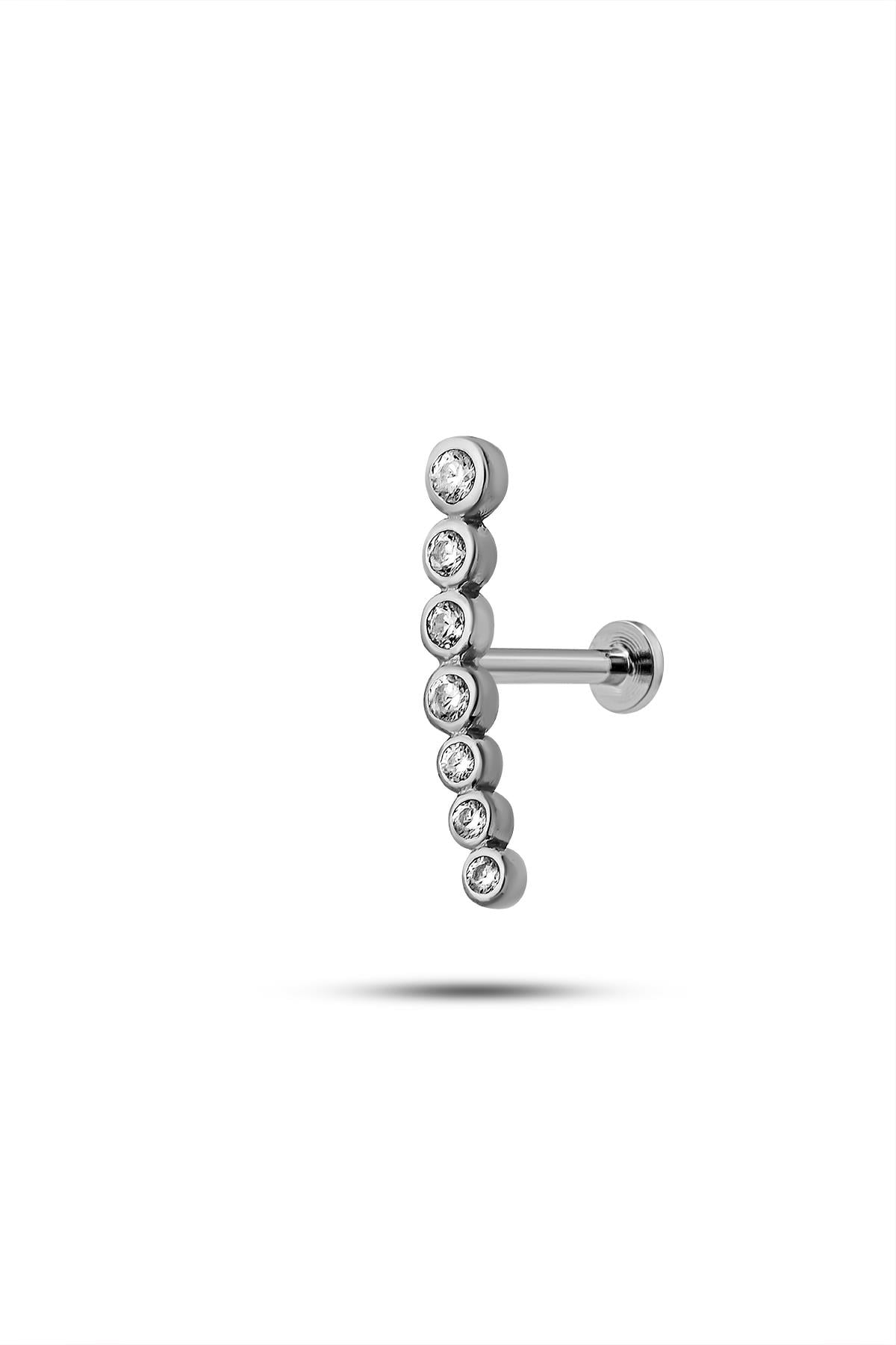 925 Ayar Gümüş Rodyumlu Minimal 7 Taşlı SüzmeTragus Piercing Küpe