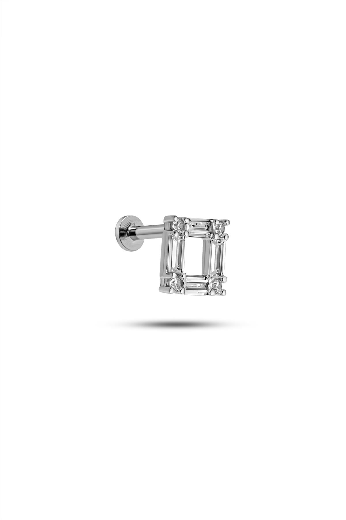 925 Ayar Gümüş Rodyumlu Minimal Baget Taşlı Dörtgen Tragus Piercing Küpe