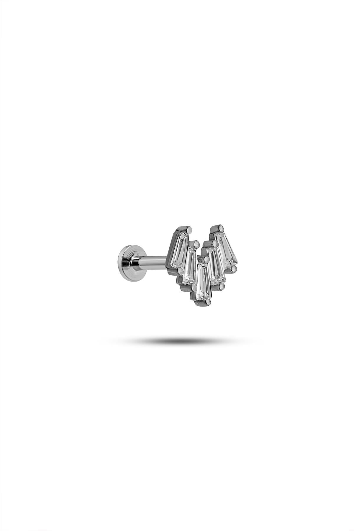 925 Ayar Gümüş Rodyumlu Minimal Beş Baget Taşlı Tragus Piercing Küpe