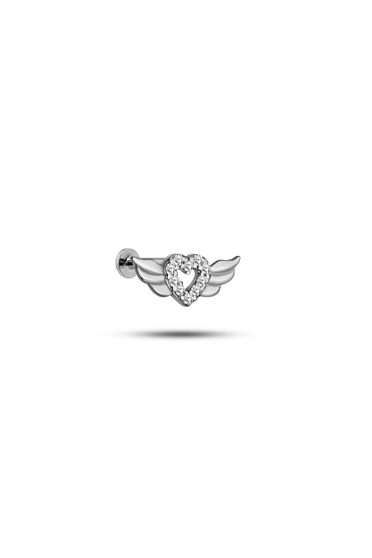 925 Ayar Gümüş Rodyumlu Minimal Kanatlı Kalp Tragus Piercing Küpe