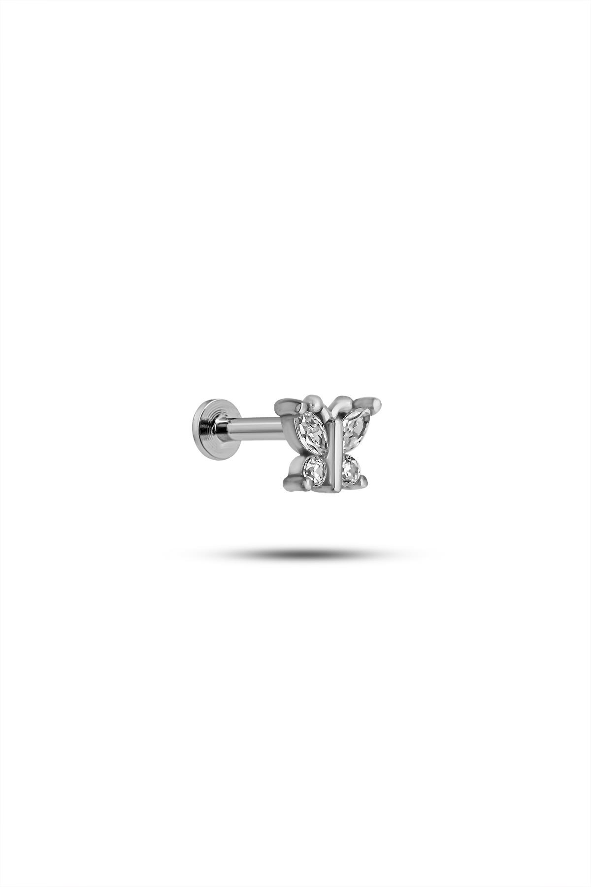 925 Ayar Gümüş Rodyumlu Minimal Kelebek Tragus Piercing Küpe
