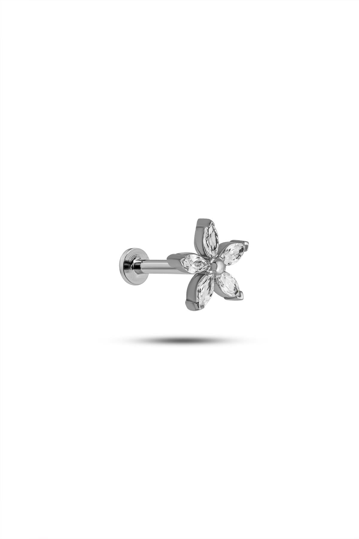 925 Ayar Gümüş Rodyumlu Minimal Kır Çiçeği Tragus Piercing Küpe