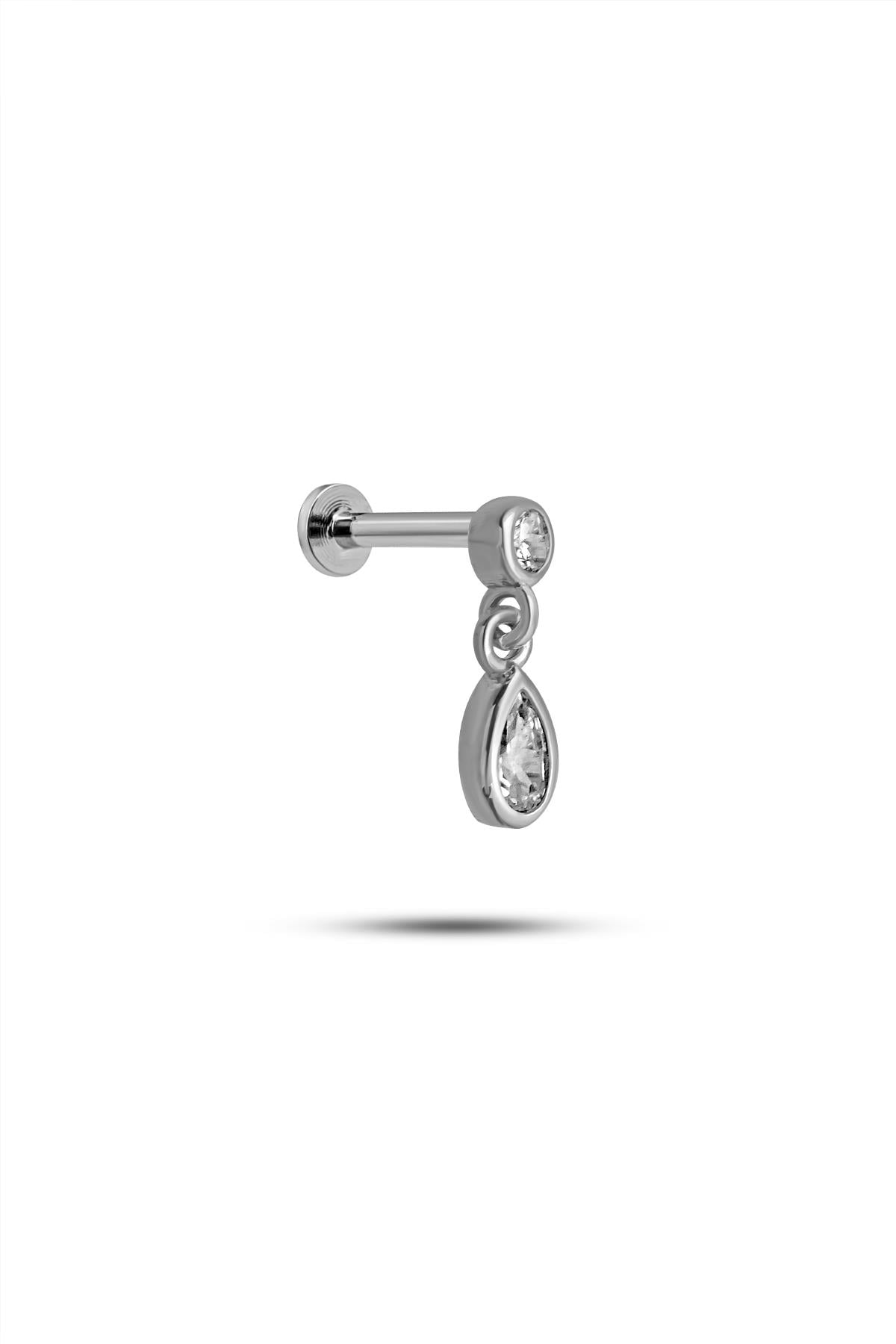 925 Ayar Gümüş Rodyumlu Minimal Sallantılı Damla Taşlı Tragus Piercing Küpe