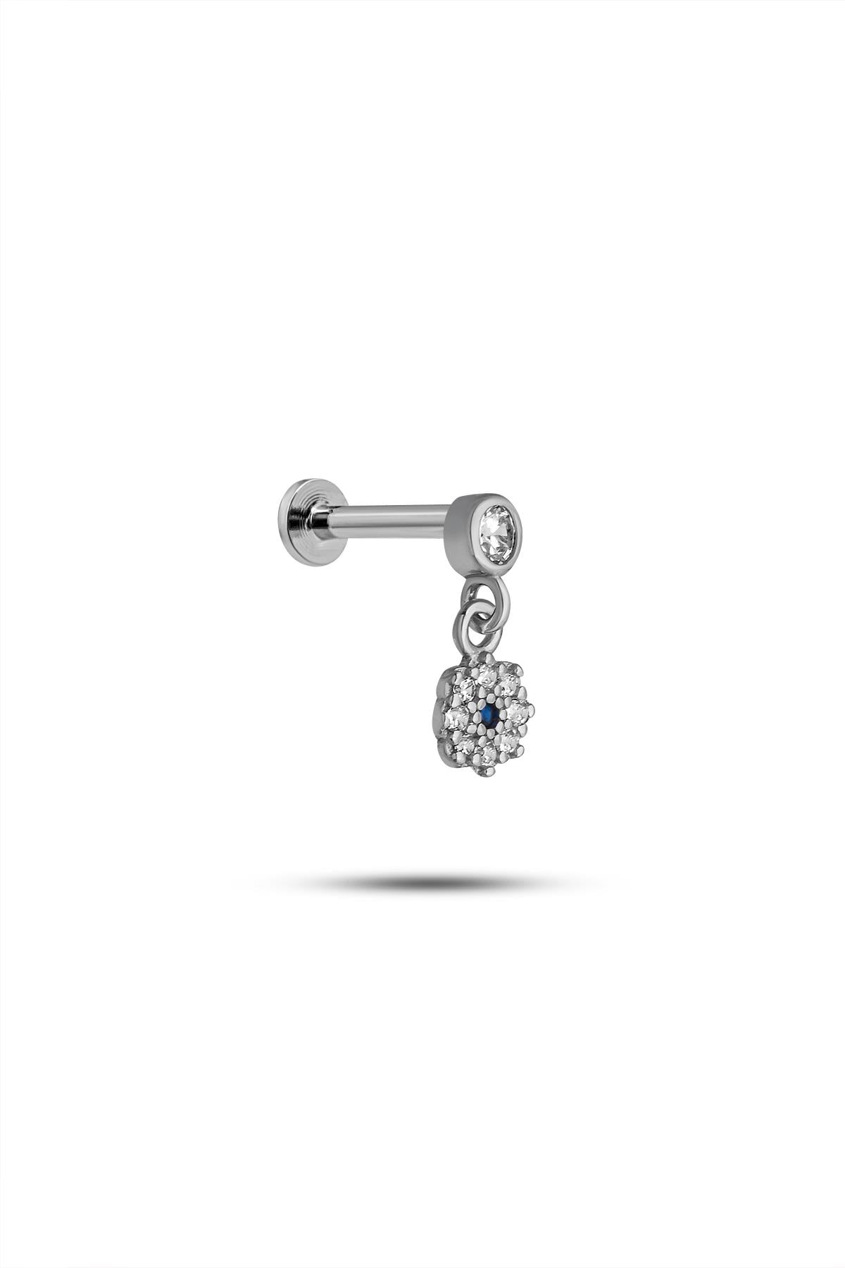 925 Ayar Gümüş Rodyumlu Minimal Sallantılı Çiçek Tragus Piercing Küpe
